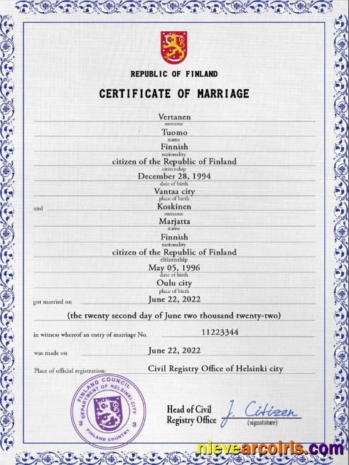 Finland marriage certificate